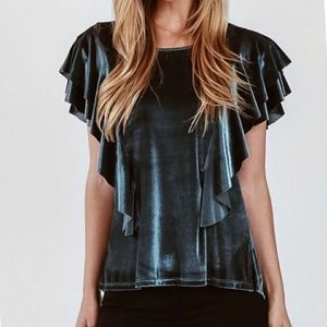On The Road Dawn Teal Velvet Flutter Sleeve Top Size Large